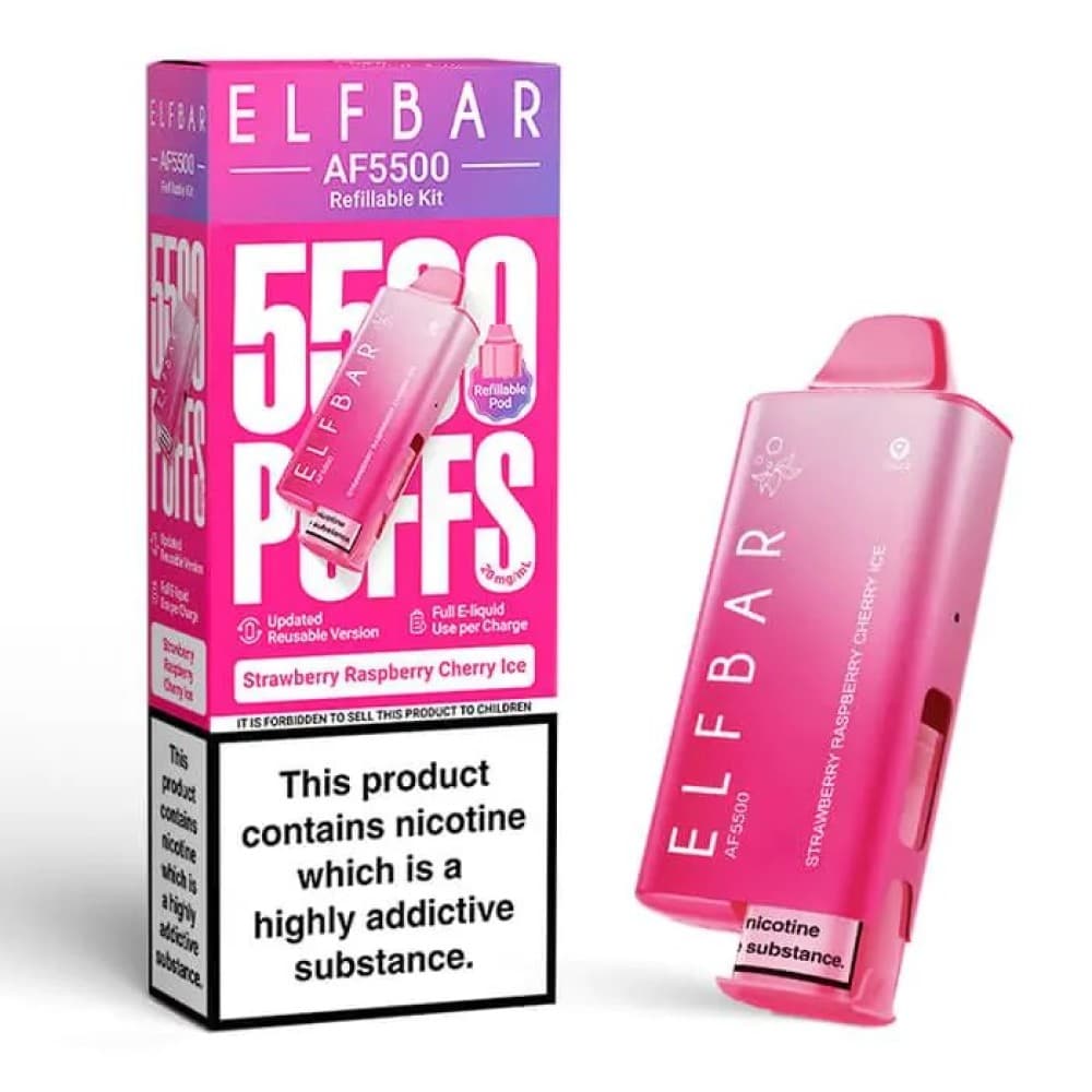  Strawberry Raspberry Cherry Ice Elf Bar AF5500 Prefilled Vape Kit Box of 5